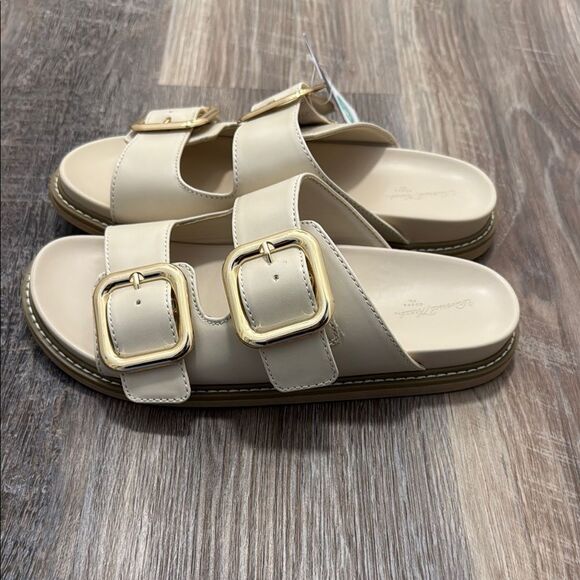 Women's Cream Slide Sandals with Gold Buckles - Picture 1 of 6